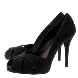 Stuart Weitzman Black Textured Fabric Criss Cross Open Toe Platform Pumps Size 39