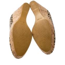 Stuart Weitzman Beige/Black Leopard Print Raffia Platform Wedge Pumps Size 38.5