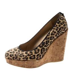 Stuart Weitzman Beige/Black Leopard Print Raffia Platform Wedge Pumps Size 38.5