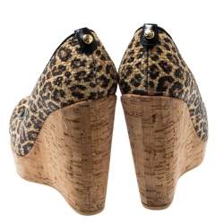 Stuart Weitzman Beige/Black Leopard Print Raffia Platform Wedge Pumps Size 38.5