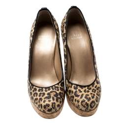 Stuart Weitzman Beige/Black Leopard Print Raffia Platform Wedge Pumps Size 38.5