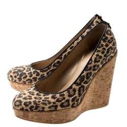 Stuart Weitzman Beige/Black Leopard Print Raffia Platform Wedge Pumps Size 38.5