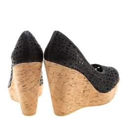 Stuart Weitzman Black Perforated Leather Nudotcomer Platform Cork Wedge Pumps Size 39