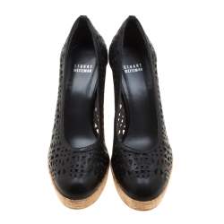 Stuart Weitzman Black Perforated Leather Nudotcomer Platform Cork Wedge Pumps Size 39