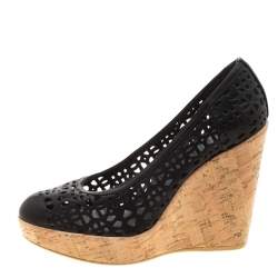 Stuart Weitzman Black Perforated Leather Nudotcomer Platform Cork Wedge Pumps Size 39