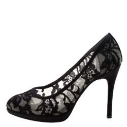 Pre Owned Stuart Weitzman Black Lace And Satin Pumps Size 39.5