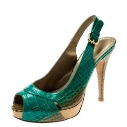 Stuart Weitzman Green Degradè Croc Embossed Leather Peep Toe Platform Slingback Sandals Size 39.5