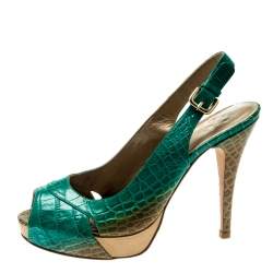 Stuart Weitzman Green Degradè Croc Embossed Leather Peep Toe Platform Slingback Sandals Size 39.5