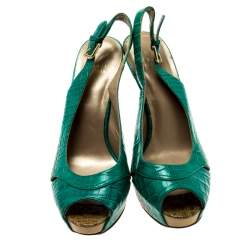 Stuart Weitzman Green Degradè Croc Embossed Leather Peep Toe Platform Slingback Sandals Size 39.5