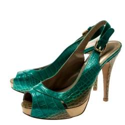 Stuart Weitzman Green Degradè Croc Embossed Leather Peep Toe Platform Slingback Sandals Size 39.5