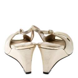 Stuart Weitzman Metallic Gold Leather Peep Toe Wedge Sandals Size 37