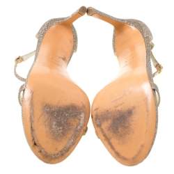 Stuart Weitzman Metallic Champagne Lamè Fabric Ankle Strap Open Toe Sandals Size 40