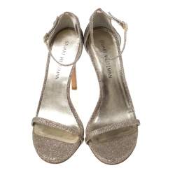 Stuart Weitzman Metallic Champagne Lamè Fabric Ankle Strap Open Toe Sandals Size 40