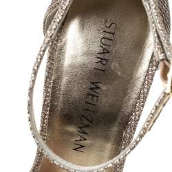 Stuart Weitzman Metallic Champagne Lamè Fabric Ankle Strap Open Toe Sandals Size 40
