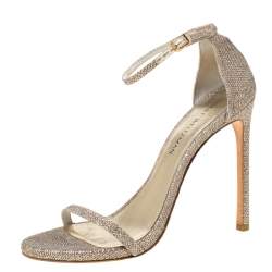 Stuart Weitzman Metallic Champagne Lamè Fabric Ankle Strap Open Toe Sandals Size 40