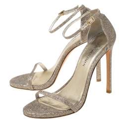 Stuart Weitzman Metallic Champagne Lamè Fabric Ankle Strap Open Toe Sandals Size 40