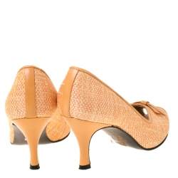 Pre Owned Stuart Weitzman Orange Tweed Fabric Bow Detail Peep Toe Pumps Size 36