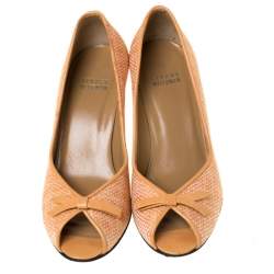 Pre Owned Stuart Weitzman Orange Tweed Fabric Bow Detail Peep Toe Pumps Size 36