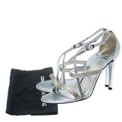 Stuart Weitzman Metallic Silver Crystal Embellished Sandals Size 38