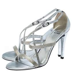 Stuart Weitzman Metallic Silver Crystal Embellished Sandals Size 38