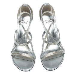 Stuart Weitzman Metallic Silver Crystal Embellished Sandals Size 38