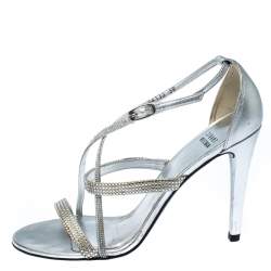 Stuart Weitzman Metallic Silver Crystal Embellished Sandals Size 38