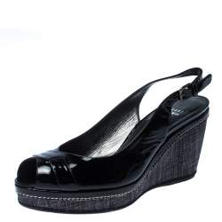 Stuart Weitzman Black Patent Leather and Raffia Peep Toe Wedge Sandals Size 40.5