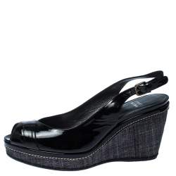 Stuart Weitzman Black Patent Leather and Raffia Peep Toe Wedge Sandals Size 40.5