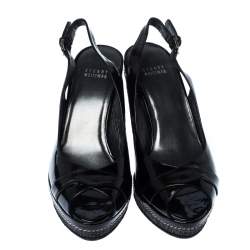 Stuart Weitzman Black Patent Leather and Raffia Peep Toe Wedge Sandals Size 40.5