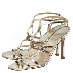 Pre Owned Stuart Weitzman Gold Patent Leather Strappy Sandals Size 38