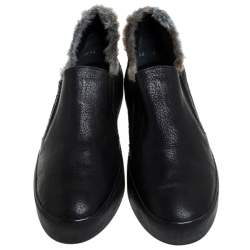 Stuart Weitzman Black Leather And Faux Fur Slip on Sneakers Size 39.5