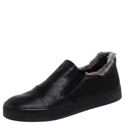 Stuart Weitzman Black Leather And Faux Fur Slip on Sneakers Size 39.5
