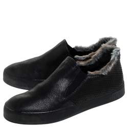 Stuart Weitzman Black Leather And Faux Fur Slip on Sneakers Size 39.5