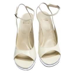 Stuart Weitzman White/Silver Patent Leather Open Toe Ankle Strap Platform Sandals Size 39.5