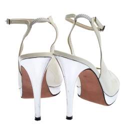 Stuart Weitzman White/Silver Patent Leather Open Toe Ankle Strap Platform Sandals Size 39.5