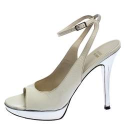 Stuart Weitzman White/Silver Patent Leather Open Toe Ankle Strap Platform Sandals Size 39.5