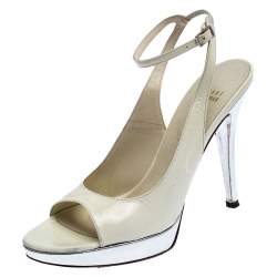 Stuart Weitzman White/Silver Patent Leather Open Toe Ankle Strap Platform Sandals Size 39.5