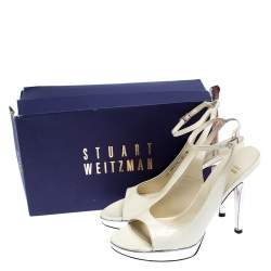 Stuart Weitzman White/Silver Patent Leather Open Toe Ankle Strap Platform Sandals Size 39.5