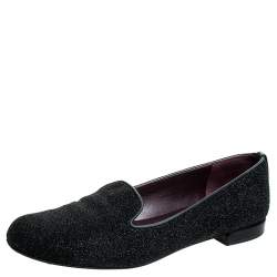 Stuart Weitzman Black Glitter Leather Smoking Slippers Size 37.5