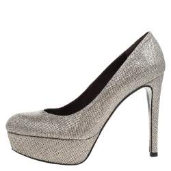 Stuart Weitzman Silver Shimmer Lame Fabric Mae Platform Pumps Size 37