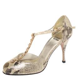 Stuart Weitzman Two Tone Python Embossed Leather Crystal Embellished T Strap Sandals Size 36.5