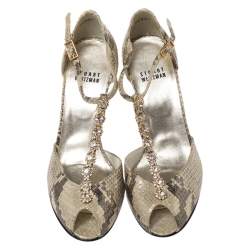 Stuart Weitzman Two Tone Python Embossed Leather Crystal Embellished T Strap Sandals Size 36.5