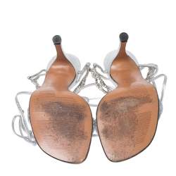 Pre Owned Stuart Weitzman Silver Crystal Embellished Leather Open Toe Ankle Tie Sandals Size 36