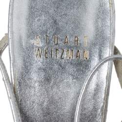 Pre Owned Stuart Weitzman Silver Crystal Embellished Leather Open Toe Ankle Tie Sandals Size 36