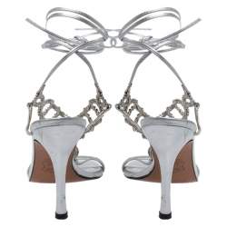 Pre Owned Stuart Weitzman Silver Crystal Embellished Leather Open Toe Ankle Tie Sandals Size 36
