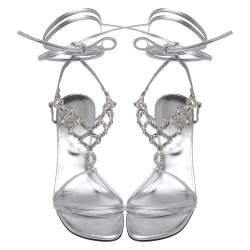 Pre Owned Stuart Weitzman Silver Crystal Embellished Leather Open Toe Ankle Tie Sandals Size 36