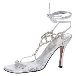 Pre Owned Stuart Weitzman Silver Crystal Embellished Leather Open Toe Ankle Tie Sandals Size 36
