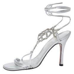 Pre Owned Stuart Weitzman Silver Crystal Embellished Leather Open Toe Ankle Tie Sandals Size 36