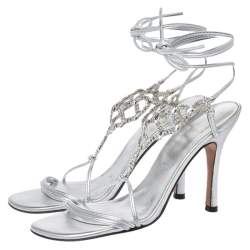 Pre Owned Stuart Weitzman Silver Crystal Embellished Leather Open Toe Ankle Tie Sandals Size 36