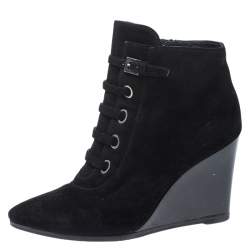 Stuart Weitzman Black Suede And Patent Leather Wedge Lace Detail Ankle Boots Size 38.5
